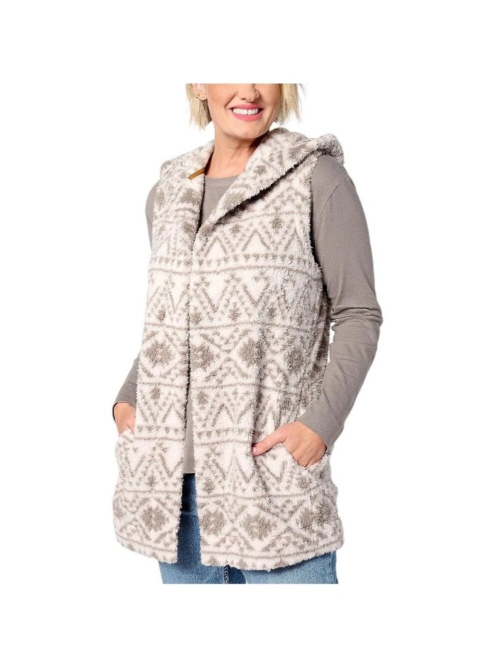 Koolaburra by UGG Cozy Sherpa Hooded Vest Dove Geo Size 1X